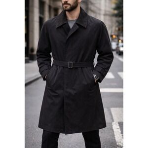 Utex Men Black‎ Belted Trench Coat Suede Collar Storm Flap Overcoat Size 40 Med